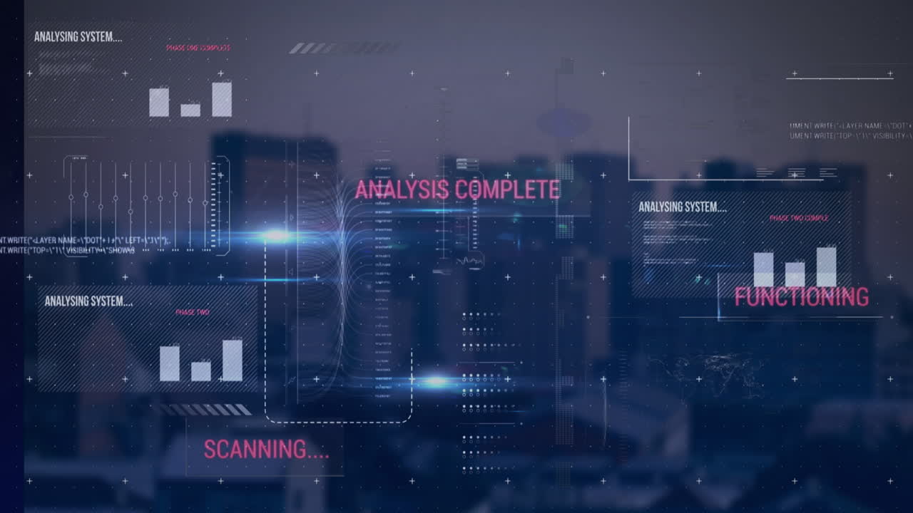animación de la interfaz con el procesamiento de datos frente a una vista aérea del paisaje urbano