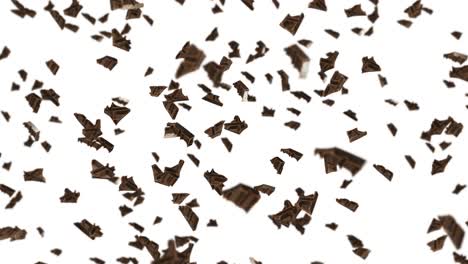 volando muchas piezas de chocolate en fondo negro. alimentos y dulces. leche y oscuro. animación de bucle 3d de chocolate girando.