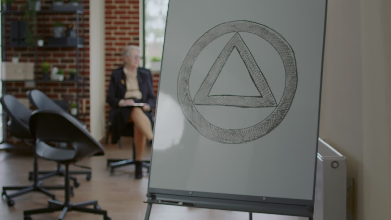 Psychiatrist waiting on people to attend group therapy in space with aa meeting sign on board