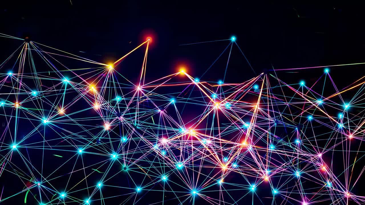 Abstract video of interconnected neon lines and nodes, viewed from a high angle