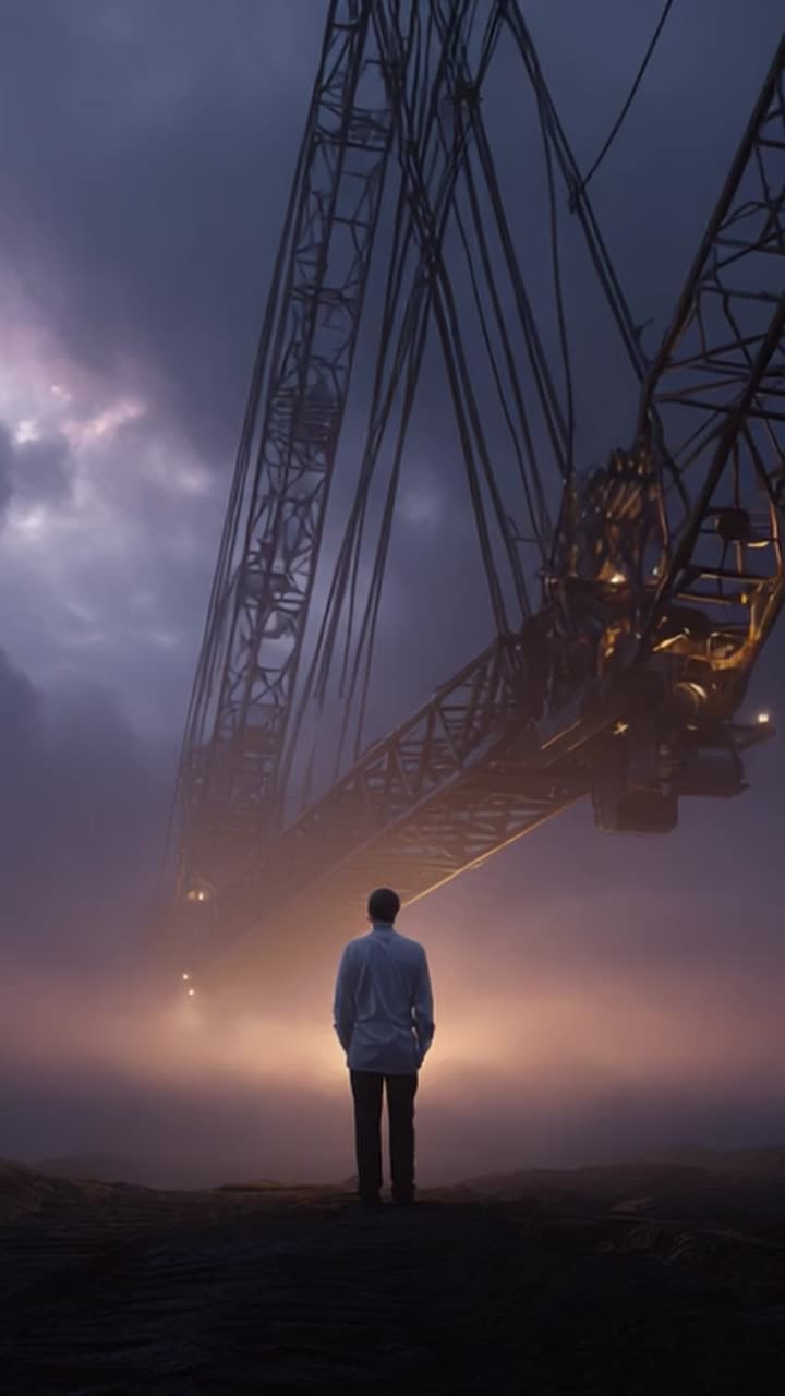 Mysterious Encounter: A Figure Stands Against a Backlit Industrial Scene of a Massive Machine Amidst Dark Clouds and Fog, Evoking a Sense of Wonder and Intrigue