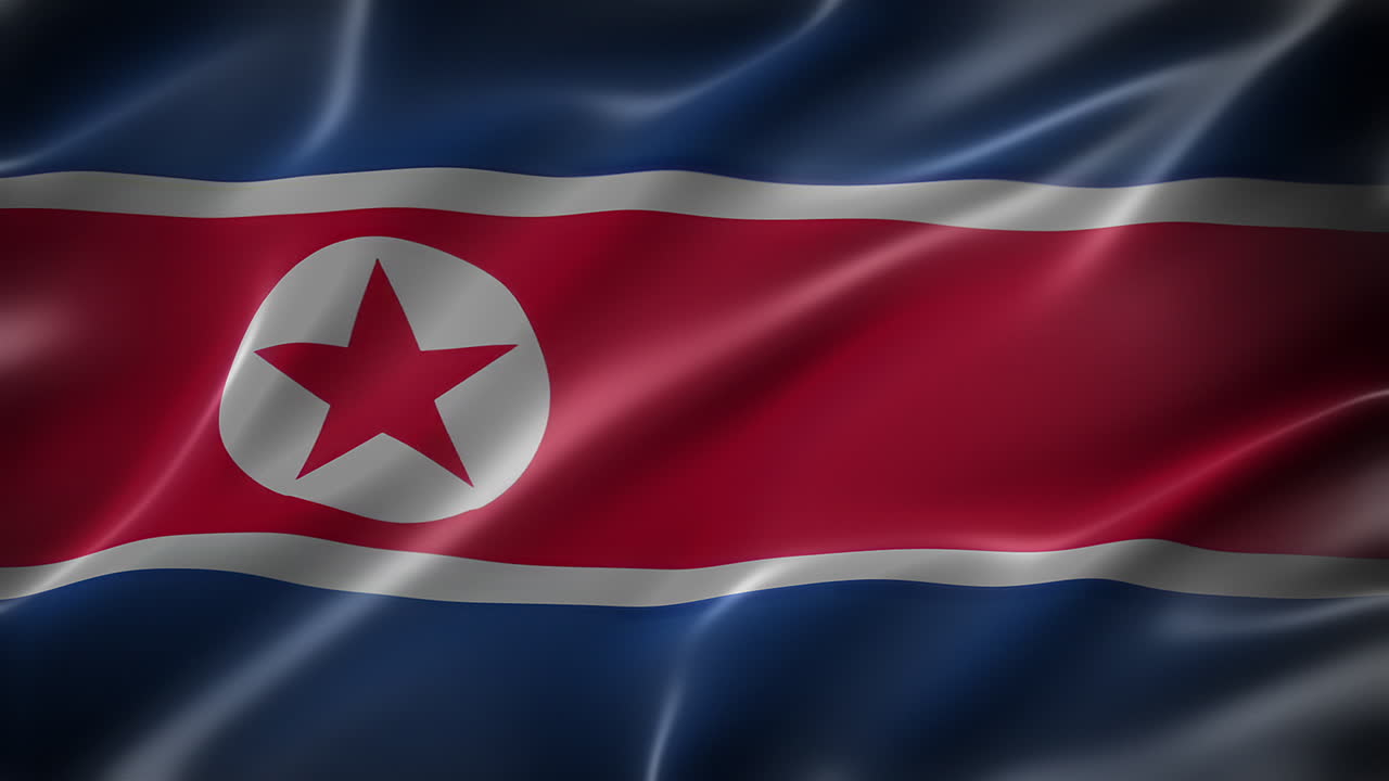 bandera de corea del norte cg, vista en perspectiva, realista con un aspecto y sensación cinematográfica, y una textura sedosa, elegante, aleteando en el viento, loop-able