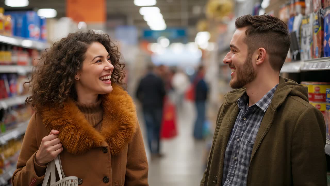 Spotting couple walking, pausing to chat in grocery-aisle, woman fur coat holding tote, man smiling