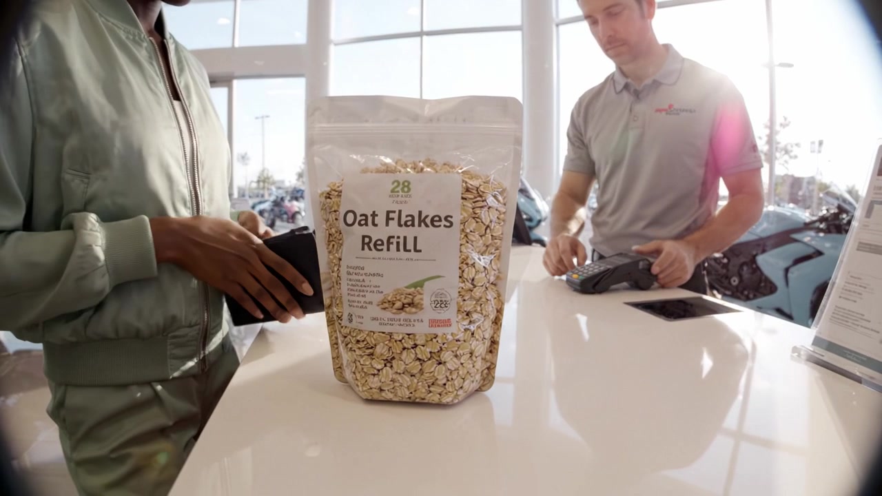 Customer Engaging with Sales Associate at Motorcycle Dealership While Holding Oat Flakes Refill Bag in Brightly Lit Showroom