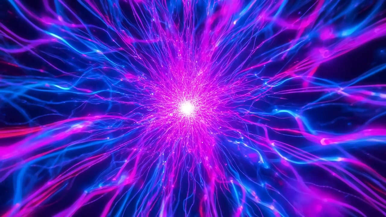 Brightening magenta core shooting bi-colored filaments in void with sparkles, forming radial array