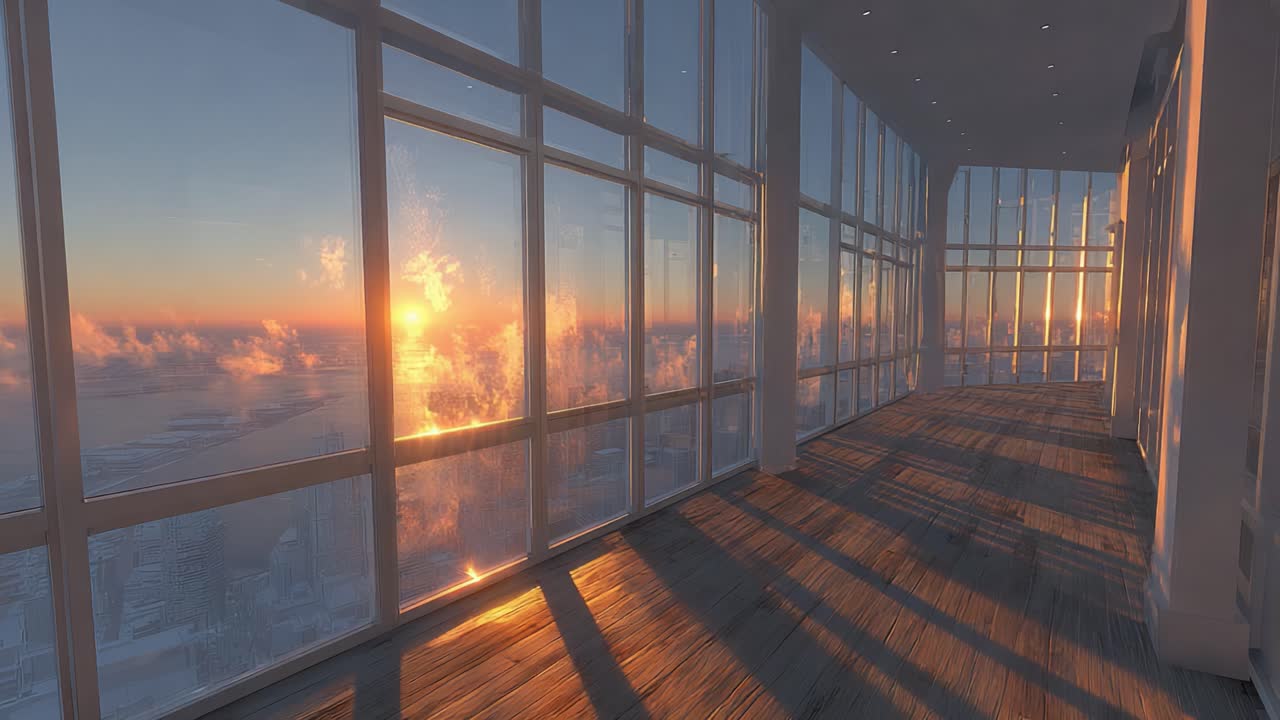 Breathtaking Sunset View from a Modern High-Rise Building with Expansive Windows Capturing Golden Light and Spectacular Cloud Reflections Overlooking a Cityscape