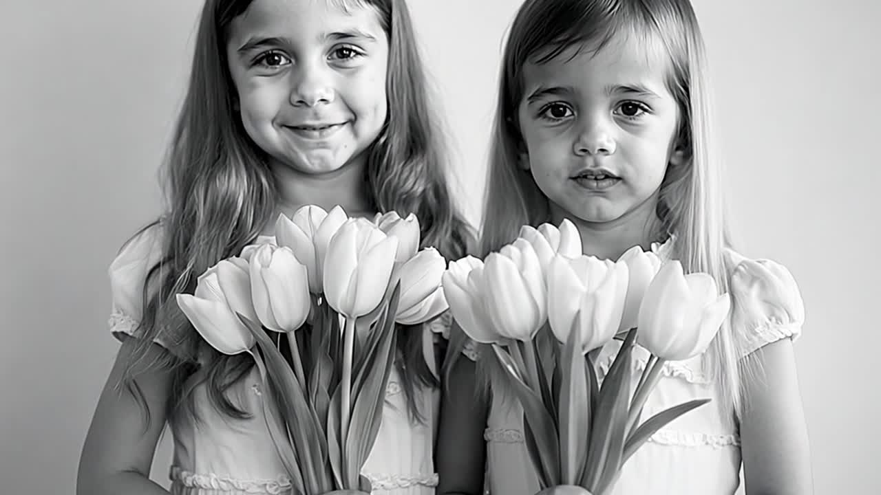 Two Girls Holding Tulip Bouquets in Black and White