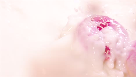 rosas rosadas cayendo en la leche