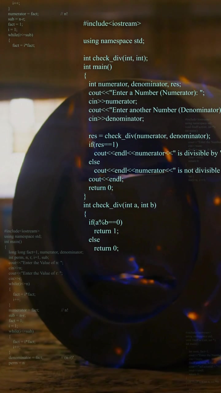 Video vertical: Cámara moviéndose, superposición de C++ proyectando un brillo anular, hombre borroso fuera de pantalla para diseñadores.