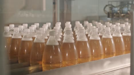 conveyor belt with bottles for juice or water at a modern beverage plant. modern production of sweet soda water