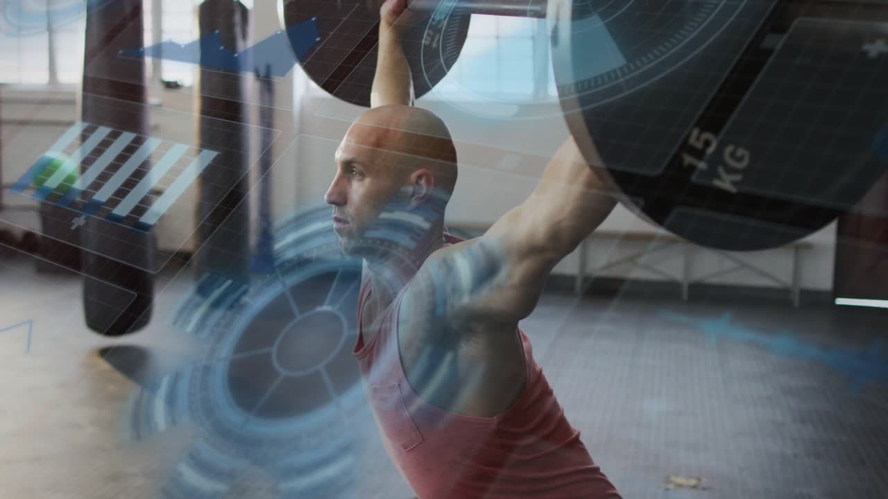 Male lifter bracing and driving barbell overhead in gym for strength, animated blue HUD sweeping
