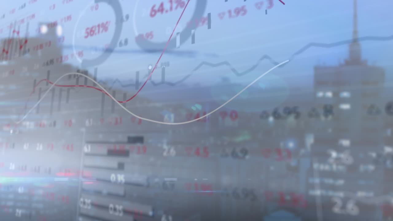 Translucent financial data charts overlaying blurred skyline, showing flowing red white line graphs