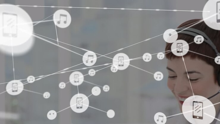 Animation of network of connections and icons over businesswoman wearing headset