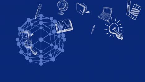 animación de iconos escolares flotando sobre un globo azul y un fondo azul