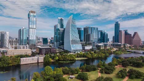 2024 austin skyline aerial hyperlapse on sunny day overlooking town lake and park