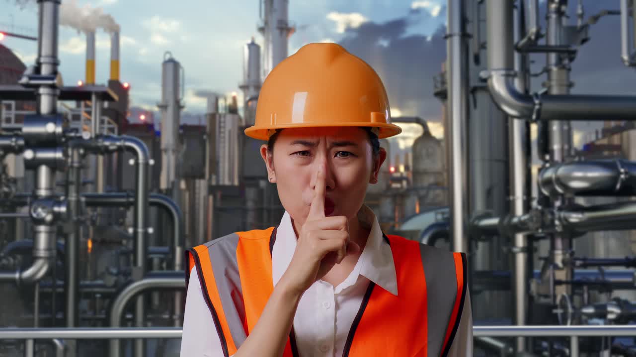 Close Up Of Asian Female Engineer With Safety Helmet Making Shh Gesture While Standing In a Refinery, Oil Processing Equipment And Machinery