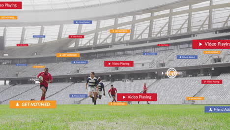animación de barras de notificación sobre diversos jugadores jugando rugby en el estadio