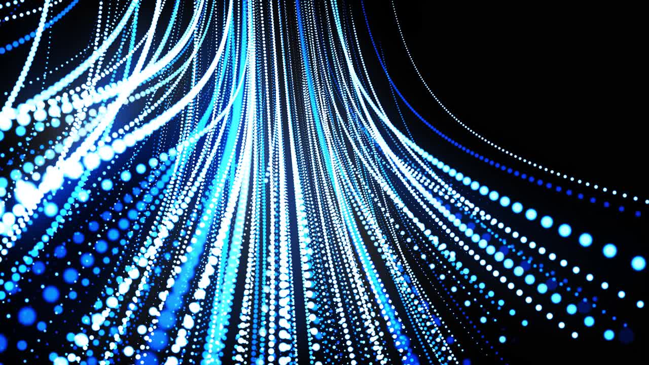 abstract 3d loop background with glowing particles lined up in curved lines in 3d space. Festive vj loop with blue particles and smooth animated camera. Motion design background
