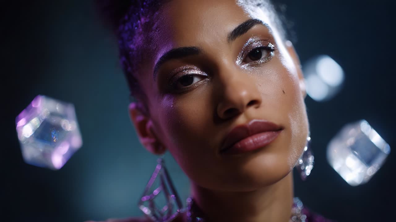 Elegant woman with sparkly makeup and earrings