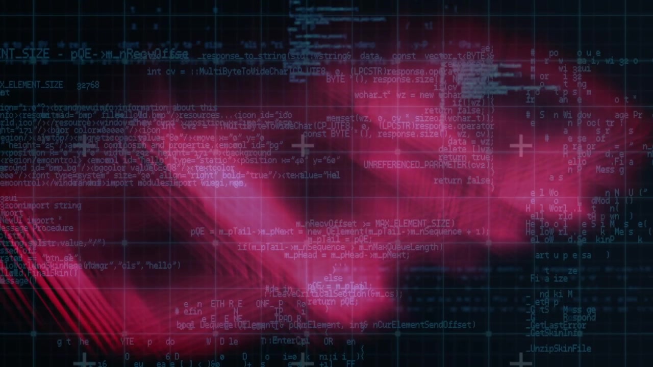 Abstrakter digitaler Hintergrund mit scrollendem Programmiercode und glühendem rotem Licht