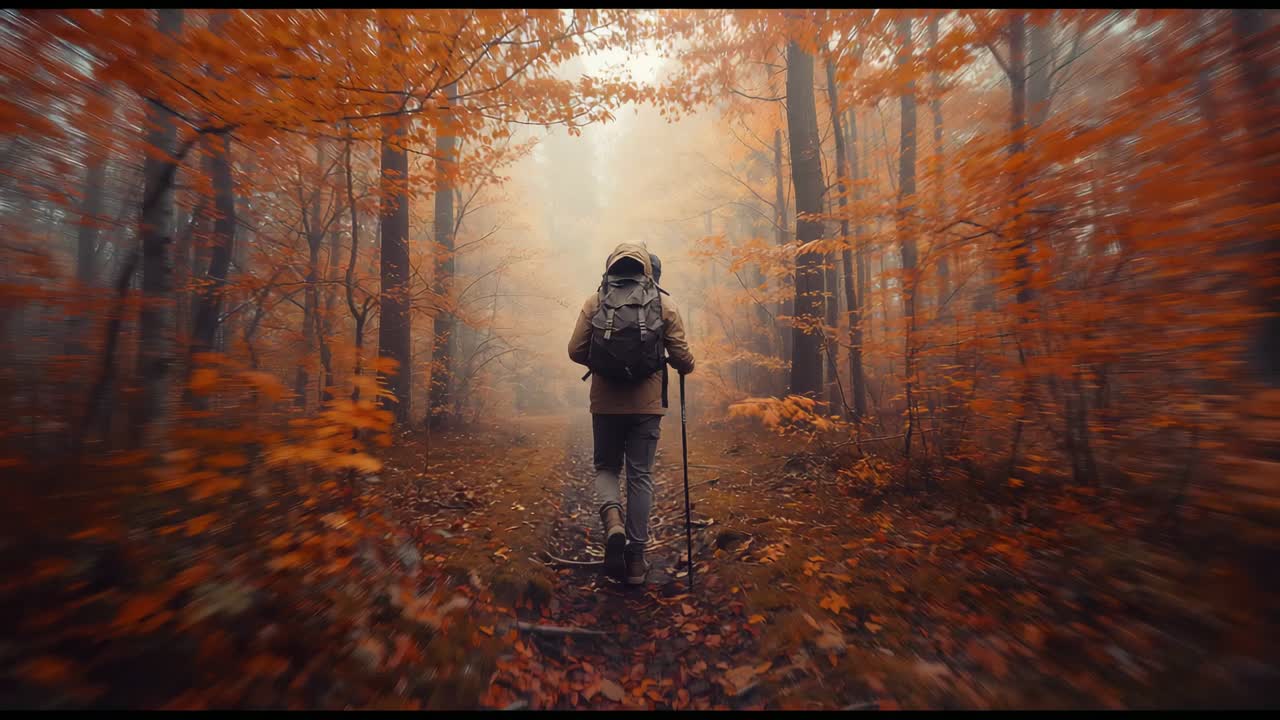 Walking hooded hiker carrying backpack using trekking pole along forest trail, drawn toward mist