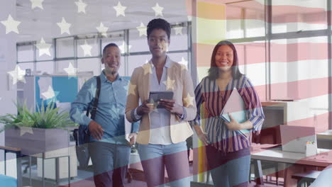 animation of flag of usa over happy diverse businesspeople in office