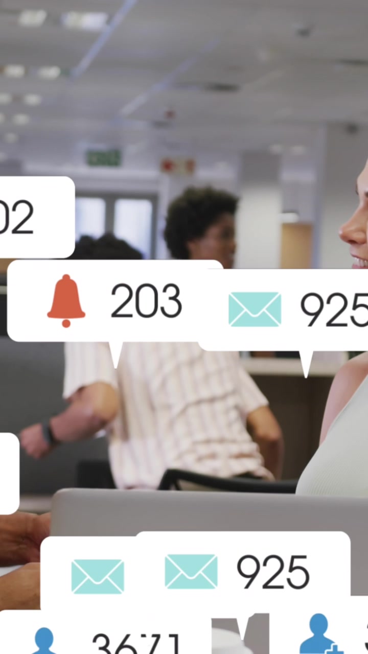 Animation of social media data processing over diverse business people in office