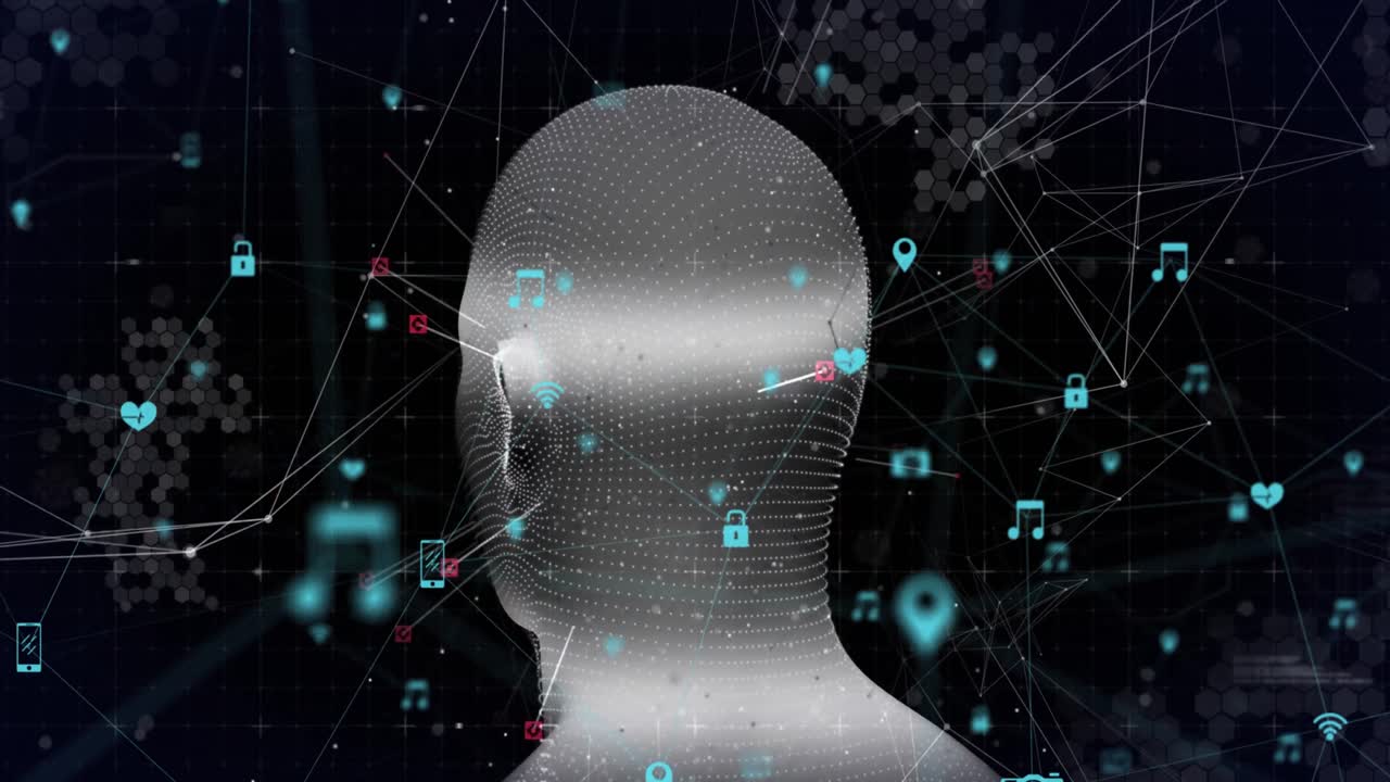 인간의 얼굴이 회전하고 연결된 아이콘이 검은 바탕에 지구를 형성하는 애니메이션