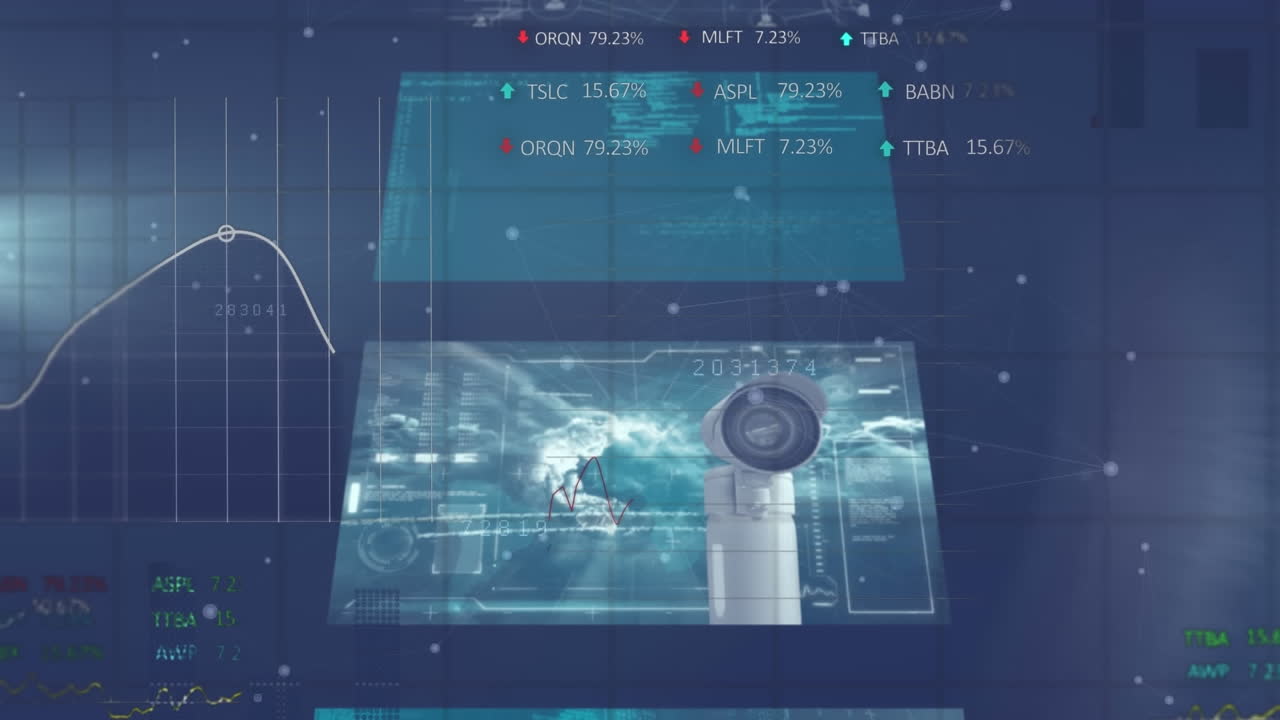 Animation of screens with data processing over dark background