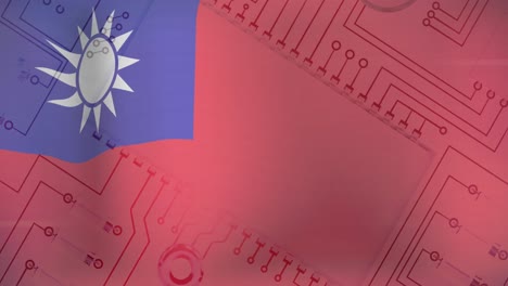 animation of computer circuit board with data processing and flag of taiwan