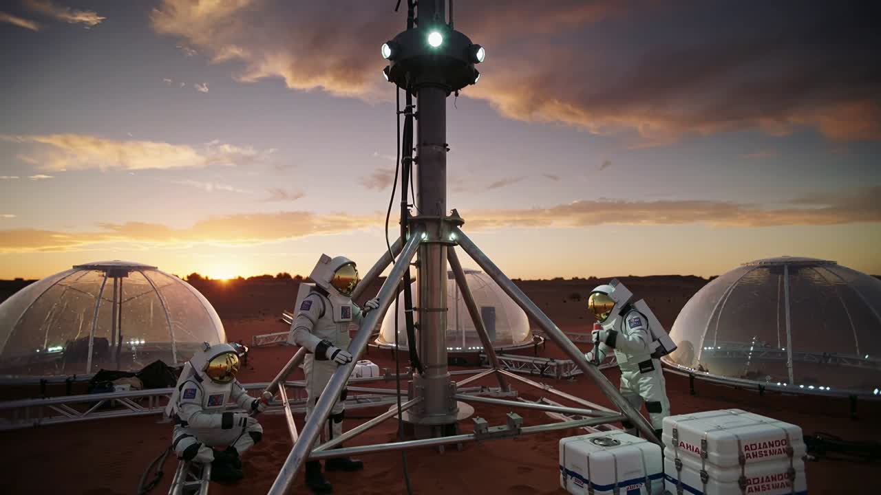 Ricezione uplink, tre persone in tute bianche e visiere dorate preparano un palo per l'illuminazione su una pianura rossa, cupole.