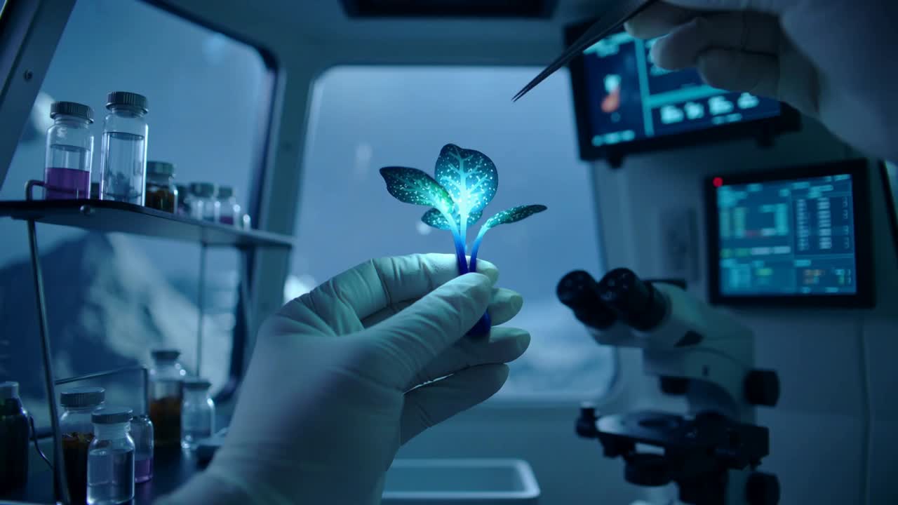 Holding gloved hands steadying glowing plant at lab bench with forceps probing leaf, observing glow