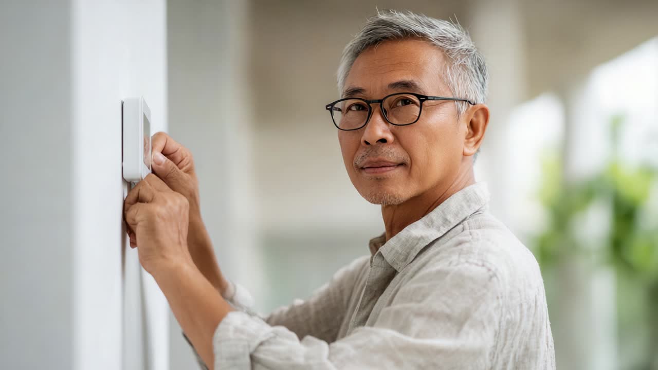 An elderly man with glasses adjusts a modern light switch on a bright wall, showcasing his focus and capability, representing the blend of maturity and technology in daily life