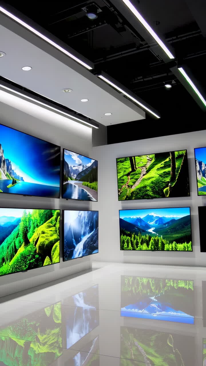 Moderne elektronik showroom med TV'er, der viser naturscener