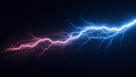 a dramatic display of electrifying energy: the dynamic dance of blue and red lightning bolts illuminating the dark skies in striking contrast and motion