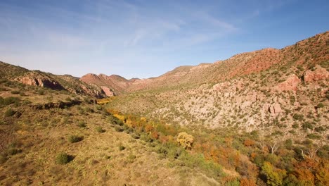 retroceso aéreo rápido lejos del colorido follaje que bordea el río en el desierto alto, norte de arizona