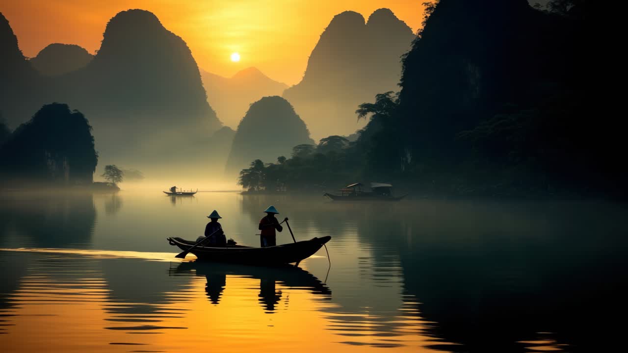 Serene video concept of two people rowing a boat at sunrise, captured from a low angle