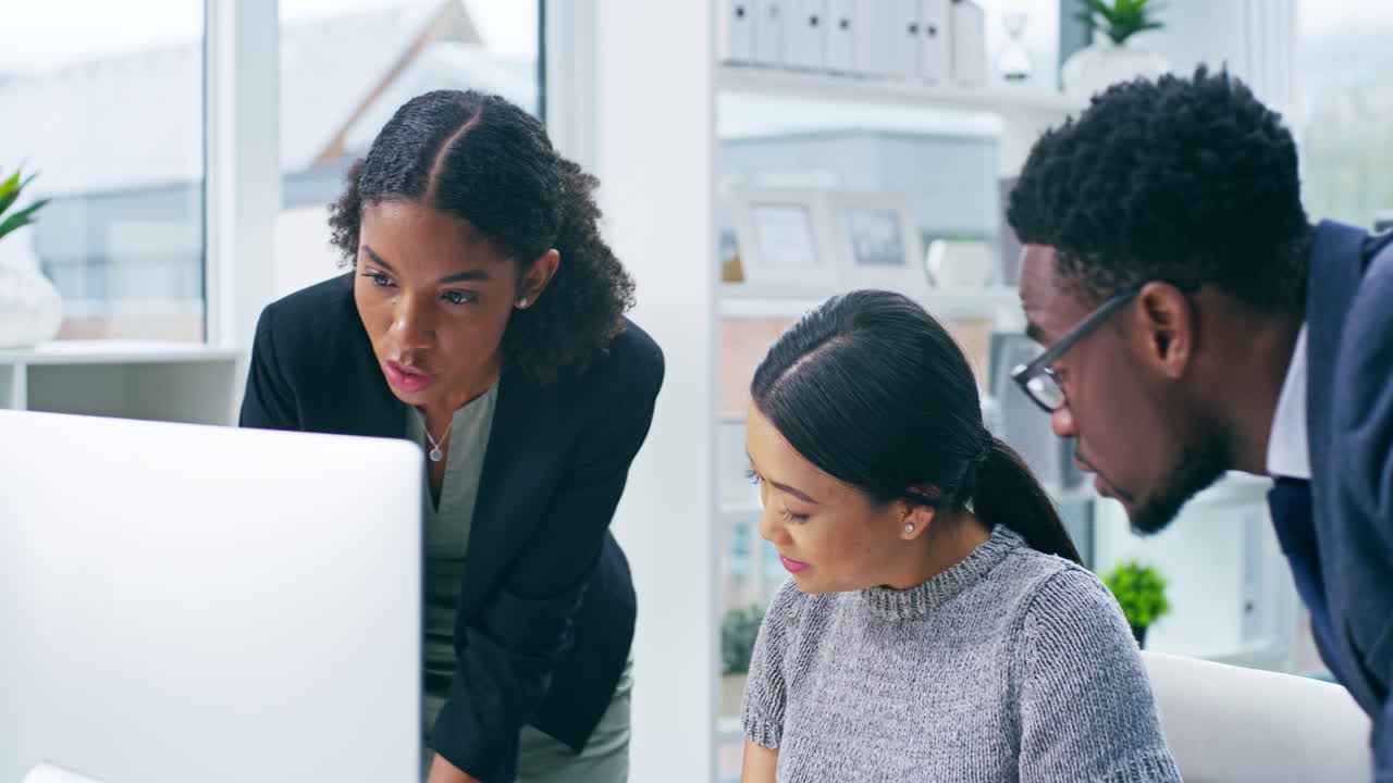 Manager, ceo or boss helping creative on computer