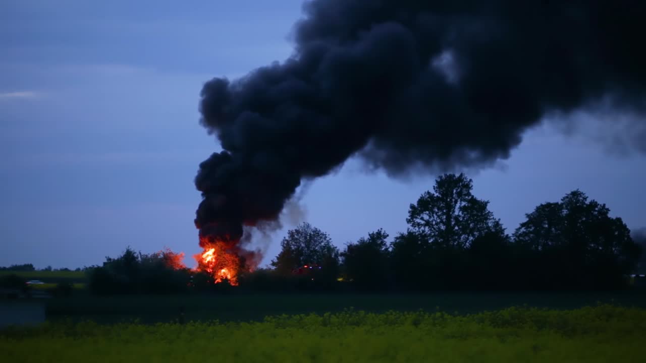 Fire Outbreak At The Field Near The Lake In Zlotoryja, Poland. Firetruck To The Rescue - wide shot