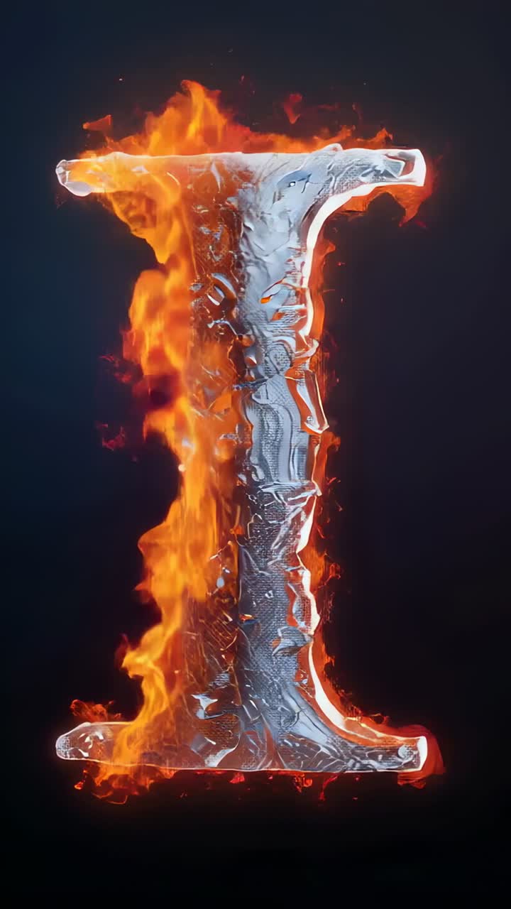 Vertical video: Flickering red flames growing causing rotation of uppercase letter I in black