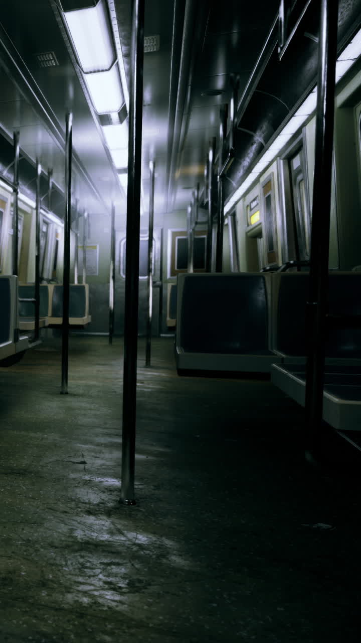 Vagone della metropolitana vuoto con sedili e pali in una stazione sotterranea di sera.