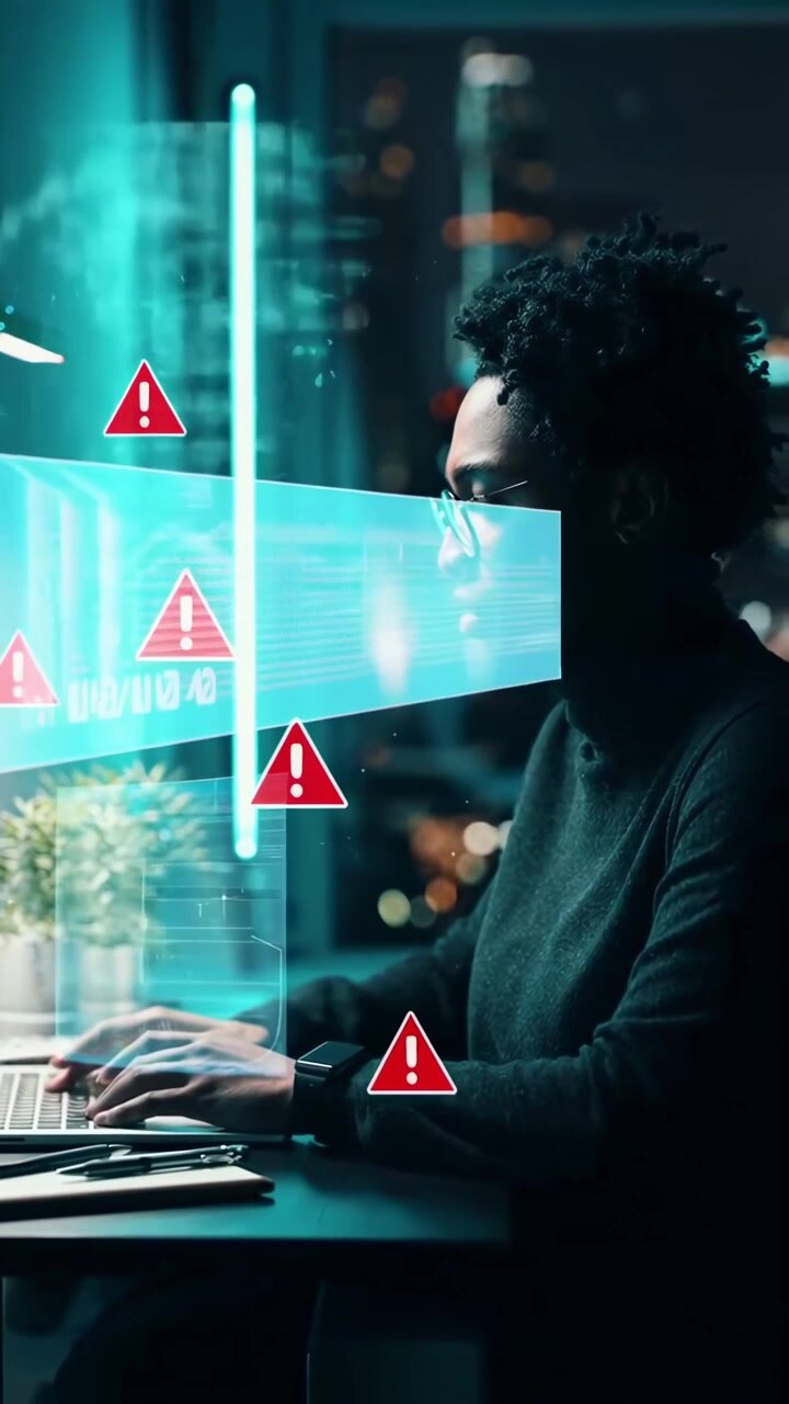Softwareentwickler arbeitet am Laptop mit Cybersicherheitswarnungen