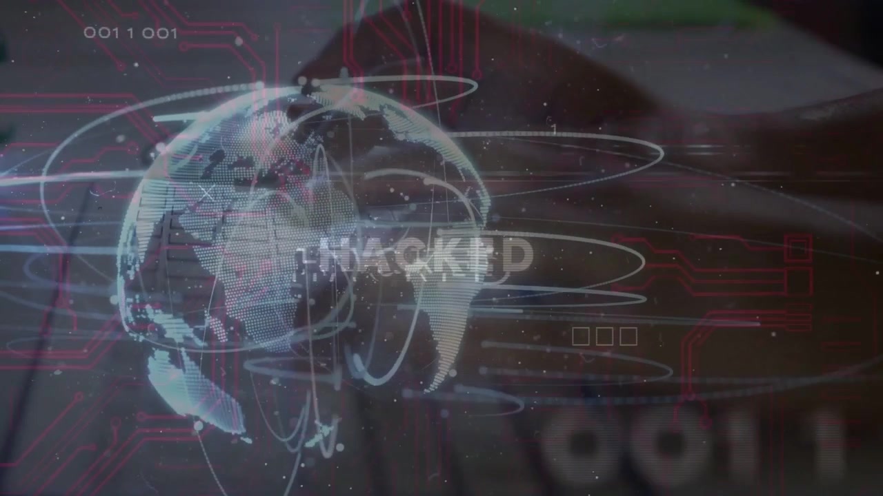 Woman typing laptop keys, starting hologram globe pulsing HACKED text showing security breach