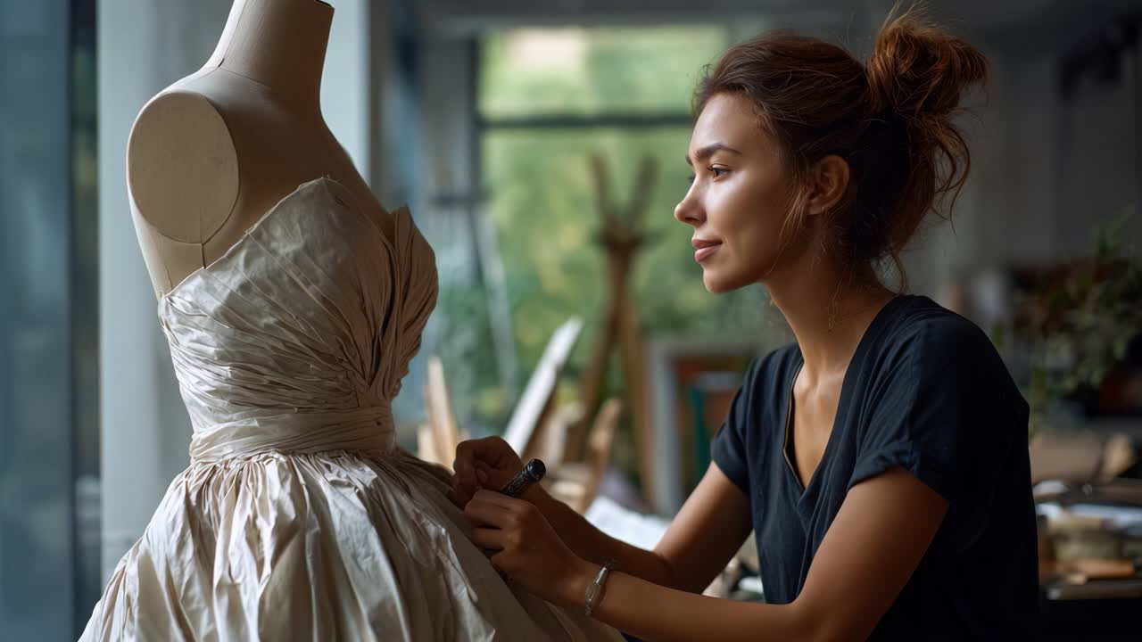 Un créateur de mode créatif drape avec habileté une magnifique robe sur un mannequin de couture dans un studio lumineux, mettant en valeur l'art de la confection et les techniques de couture.