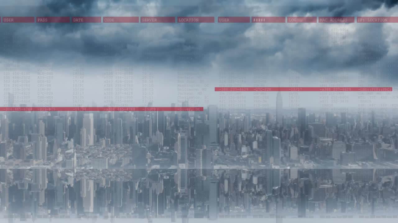 анимация обработки данных над городским пейзажем