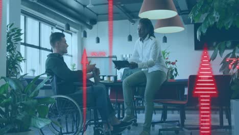 animation of changing numbers and up arrows, diverse handicap man discussing with coworkers