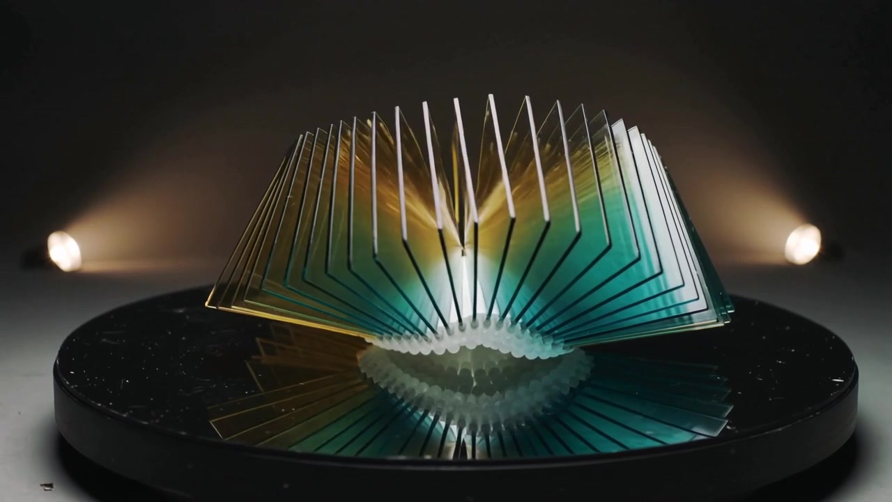 Turntable turning, stacked clear plates fanning open on studio pedestal, revealing yellow teal glow
