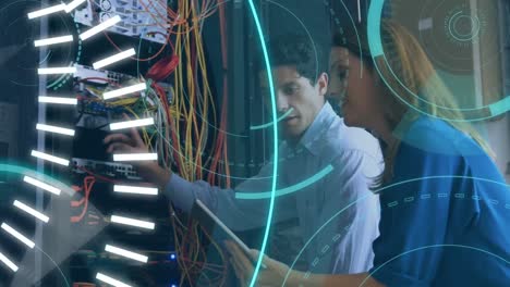 técnicos y 5g escrito en el medio de un círculo futurista