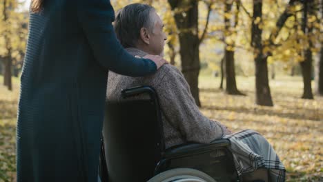 senior man sitting on a wheelchair with caregiver in park