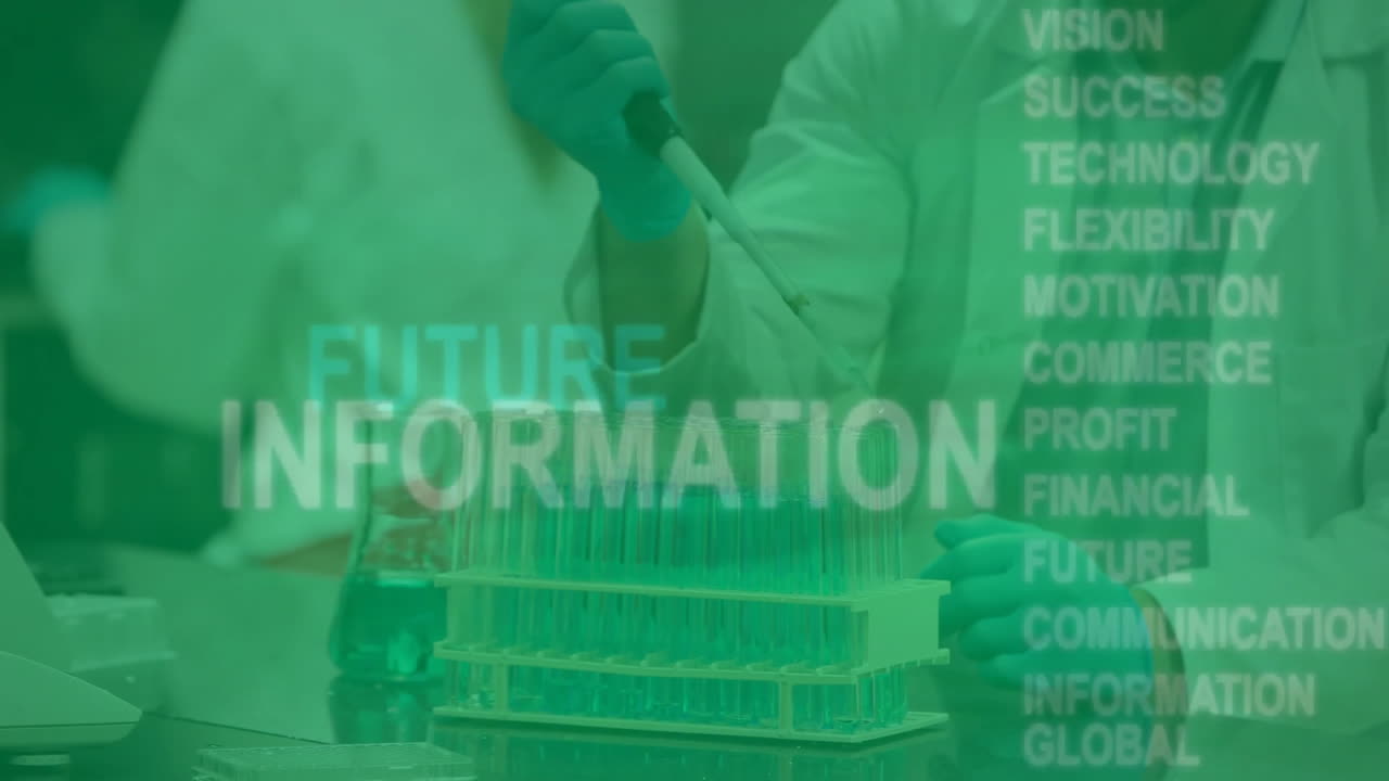 실험실 과학자들이 미래 기술 애니메이션을 위해 시험관으로 일하고 있습니다.